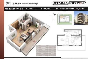 Rzut - Mieszkanie na sprzedaż 1 pokój o powierzchni 30,41 m² - numer M7 w Stacja Krzywa