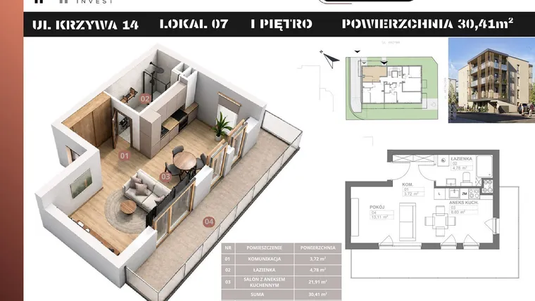 Rzut - Mieszkanie na sprzedaż 1 pokój o powierzchni 30,41 m² - numer M7 w Stacja Krzywa