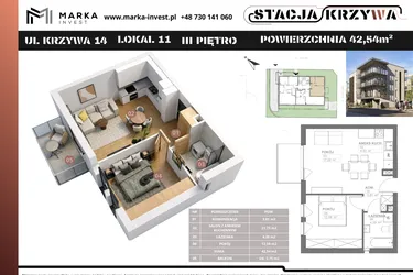 Rzut - Mieszkanie na sprzedaż 2 pokoje o powierzchni 42,54 m² - numer M11 w Stacja Krzywa