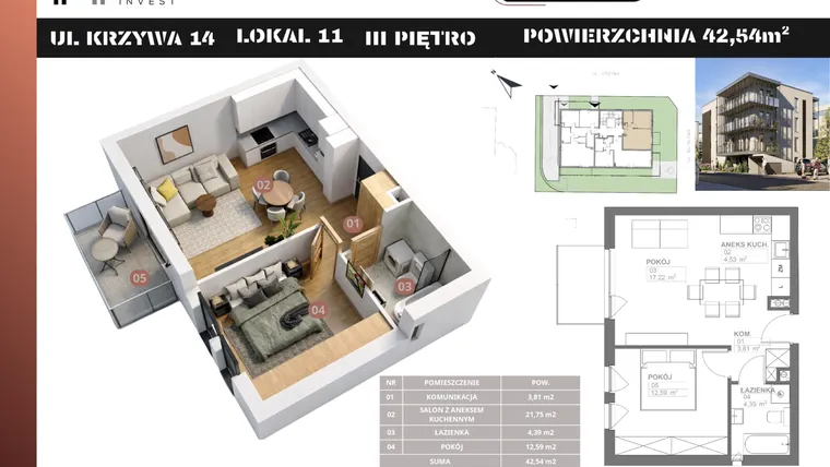 Rzut - Mieszkanie na sprzedaż 2 pokoje o powierzchni 42,54 m² - numer M11 w Stacja Krzywa