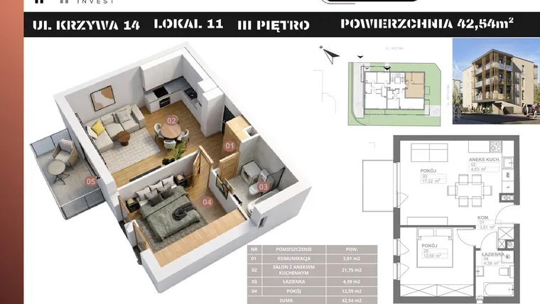 Rzut - Mieszkanie na sprzedaż 2 pokoje o powierzchni 42,54 m² - numer M11 w Stacja Krzywa