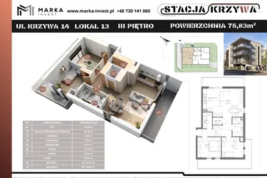 Rzut - Mieszkanie na sprzedaż 3 pokoje o powierzchni 75,83 m² - numer M13 w Stacja Krzywa