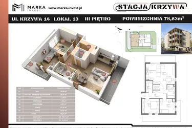 Rzut - Mieszkanie na sprzedaż 3 pokoje o powierzchni 75,83 m² - numer M13 w Stacja Krzywa