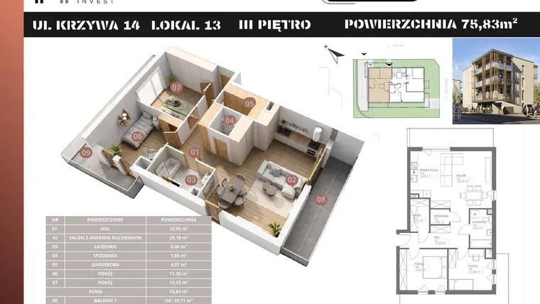 Rzut - Mieszkanie na sprzedaż 3 pokoje o powierzchni 75,83 m² - numer M13 w Stacja Krzywa