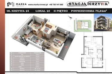 Rzut - Mieszkanie na sprzedaż 3 pokoje o powierzchni 75,81 m² - numer M10 w Stacja Krzywa