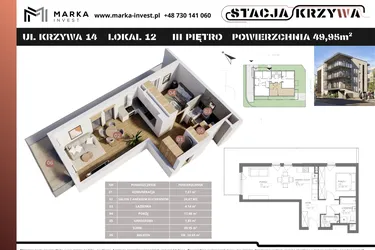 Rzut - Mieszkanie na sprzedaż 2 pokoje o powierzchni 49,95 m² - numer M12 w Stacja Krzywa
