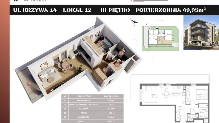 Rzut - Mieszkanie na sprzedaż 2 pokoje o powierzchni 49,95 m² - numer M12 w Stacja Krzywa