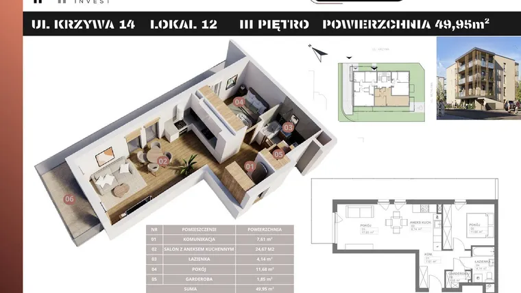 Rzut - Mieszkanie na sprzedaż 2 pokoje o powierzchni 49,95 m² - numer M12 w Stacja Krzywa