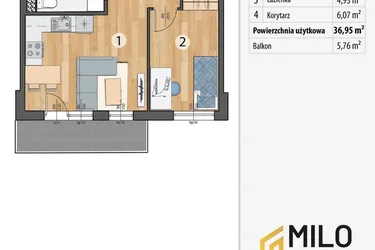 Rzut - Mieszkanie na sprzedaż 2 pokoje o powierzchni 36,95 m² - numer G6-08 w Osada Sportowa Smolec