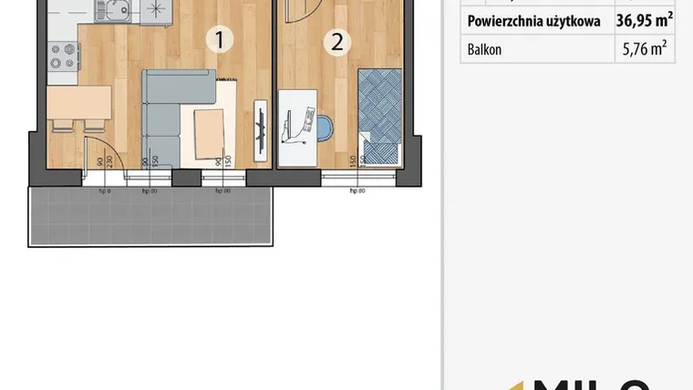 Rzut - Mieszkanie na sprzedaż 2 pokoje o powierzchni 36,95 m² - numer G6-08 w Osada Sportowa Smolec