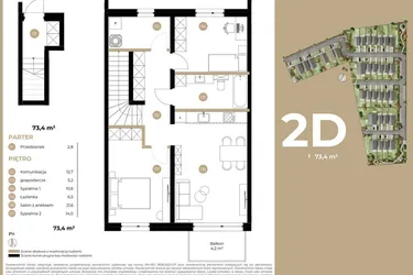 Rzut - Mieszkanie na sprzedaż 3 pokoje o powierzchni 73,4 m² - numer 2D w Kasprowicza 4