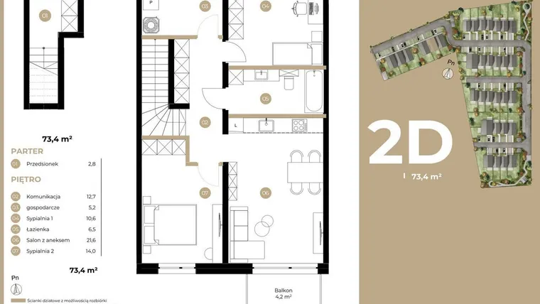 Rzut - Mieszkanie na sprzedaż 3 pokoje o powierzchni 73,4 m² - numer 2D w Kasprowicza 4