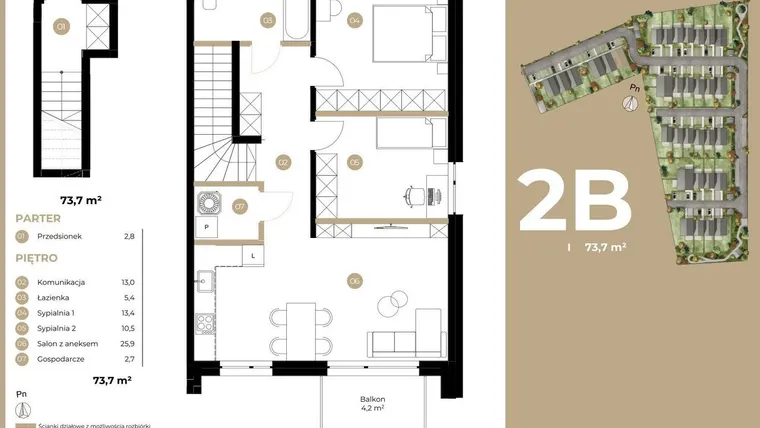 Rzut - Mieszkanie na sprzedaż 3 pokoje o powierzchni 73,3 m² - numer 2B w Kasprowicza 4