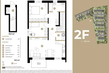 Rzut - Mieszkanie na sprzedaż 3 pokoje o powierzchni 73,3 m² - numer 2F w Kasprowicza 4