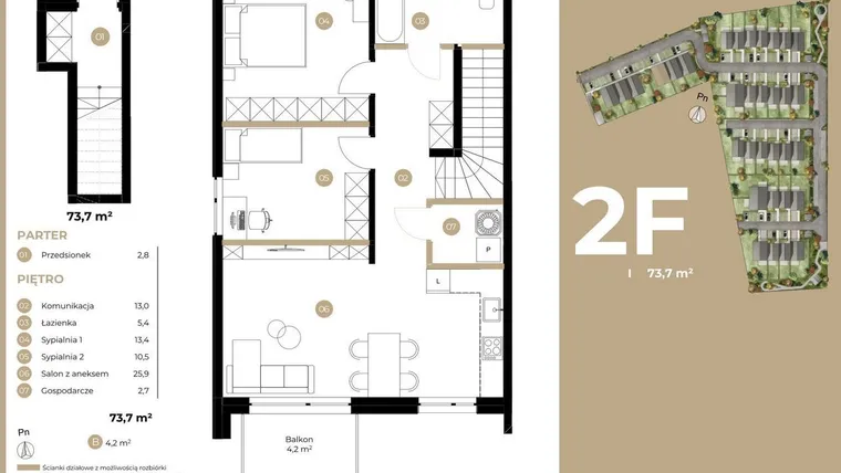 Rzut - Mieszkanie na sprzedaż 3 pokoje o powierzchni 73,3 m² - numer 2F w Kasprowicza 4