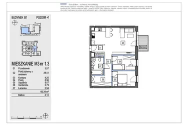 Rzut - Mieszkanie na sprzedaż 3 pokoje o powierzchni 66,34 m² - numer B1.1.3 w Chryzantemovo