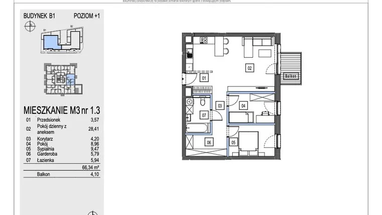 Rzut - Mieszkanie na sprzedaż 3 pokoje o powierzchni 66,34 m² - numer B1.1.3 w Chryzantemovo