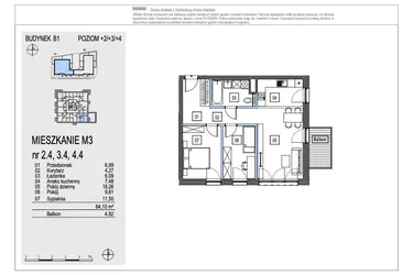 Rzut - Mieszkanie na sprzedaż 3 pokoje o powierzchni 64,1 m² - numer B1.2.4 w Chryzantemovo