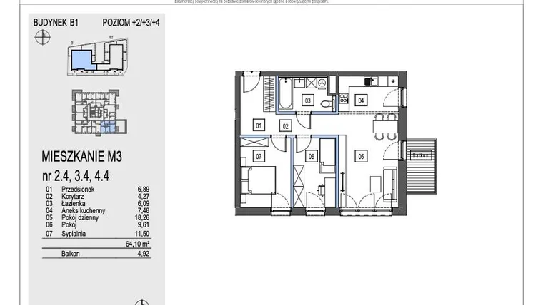 Rzut - Mieszkanie na sprzedaż 3 pokoje o powierzchni 64,1 m² - numer B1.2.4 w Chryzantemovo