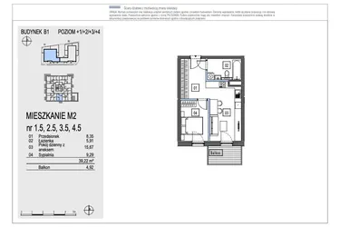 Rzut - Mieszkanie na sprzedaż 2 pokoje o powierzchni 39,22 m² - numer B1.2.5 w Chryzantemovo
