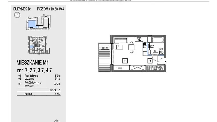 Rzut - Mieszkanie na sprzedaż 1 pokój o powierzchni 32,84 m² - numer B1.1.7 w Chryzantemovo