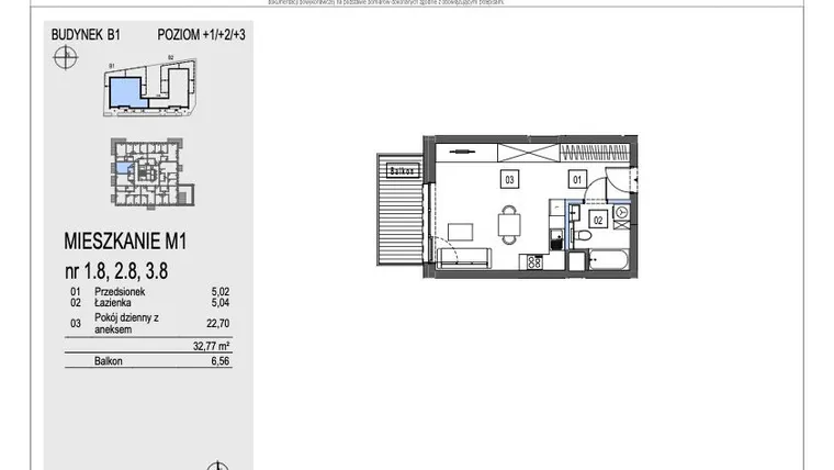 Rzut - Mieszkanie na sprzedaż 1 pokój o powierzchni 32,77 m² - numer B1.3.8 w Chryzantemovo