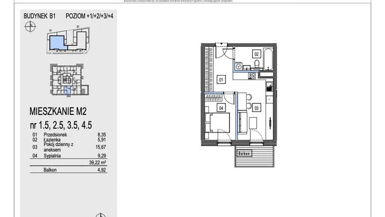 Rzut - Mieszkanie na sprzedaż 2 pokoje o powierzchni 39,22 m² - numer B1.3.5 w Chryzantemovo