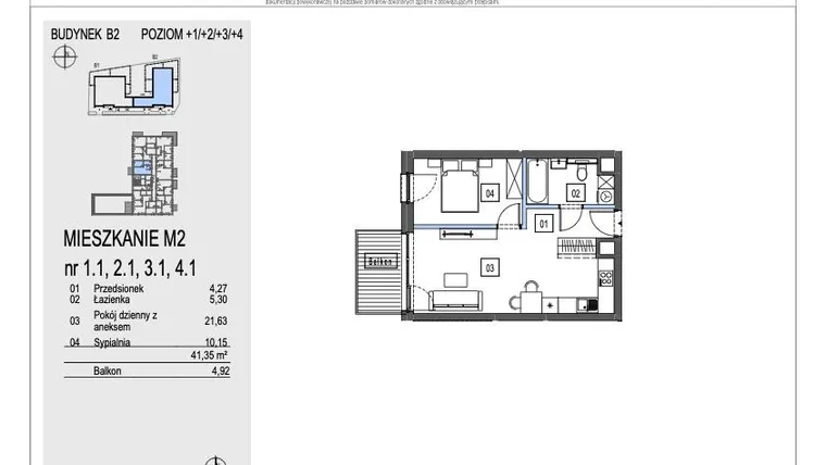 Rzut - Mieszkanie na sprzedaż 2 pokoje o powierzchni 41,35 m² - numer B2.1.1 w Chryzantemovo