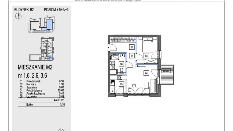 Rzut - Mieszkanie na sprzedaż 2 pokoje o powierzchni 44,83 m² - numer B2.2.6 w Chryzantemovo