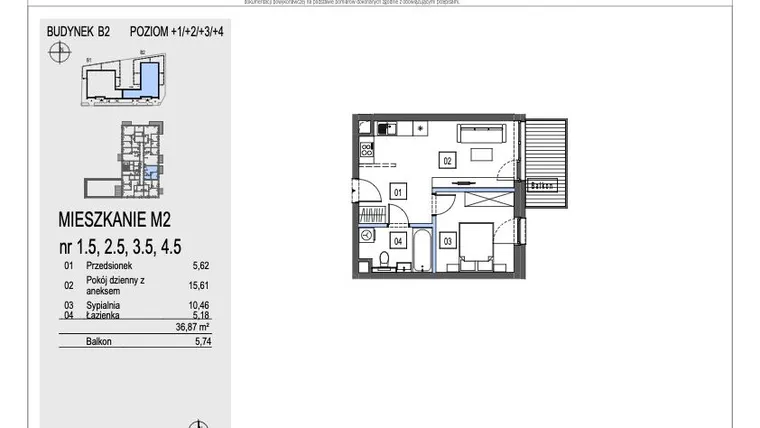 Rzut - Mieszkanie na sprzedaż 2 pokoje o powierzchni 36,87 m² - numer B2.3.5 w Chryzantemovo