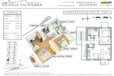 Rzut - Mieszkanie na sprzedaż 2 pokoje o powierzchni 45,1 m² - numer 1B w Osiedle Flipówka