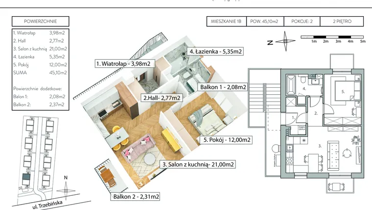 Rzut - Mieszkanie na sprzedaż 2 pokoje o powierzchni 45,1 m² - numer 1B w Osiedle Flipówka