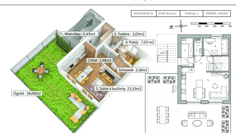Rzut - Mieszkanie na sprzedaż 5 pokoi o powierzchni 81,04 m² - numer 1A w Osiedle Flipówka