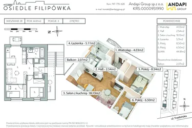 Rzut - Mieszkanie na sprzedaż 3 pokoje o powierzchni 44,81 m² - numer 2B w Osiedle Flipówka
