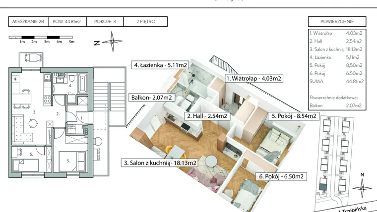 Rzut - Mieszkanie na sprzedaż 3 pokoje o powierzchni 44,81 m² - numer 2B w Osiedle Flipówka