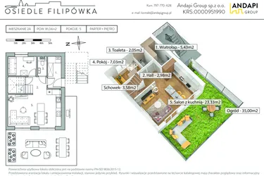 Rzut - Mieszkanie na sprzedaż 5 pokoi o powierzchni 81,04 m² - numer 2A w Osiedle Flipówka