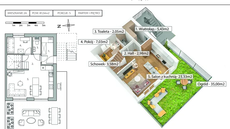 Rzut - Mieszkanie na sprzedaż 5 pokoi o powierzchni 81,04 m² - numer 2A w Osiedle Flipówka