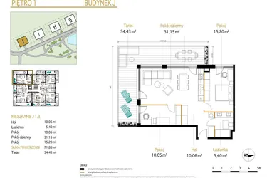 Rzut - Mieszkanie na sprzedaż 3 pokoje o powierzchni 71,86 m² - numer 1.3/J w Panorama Park