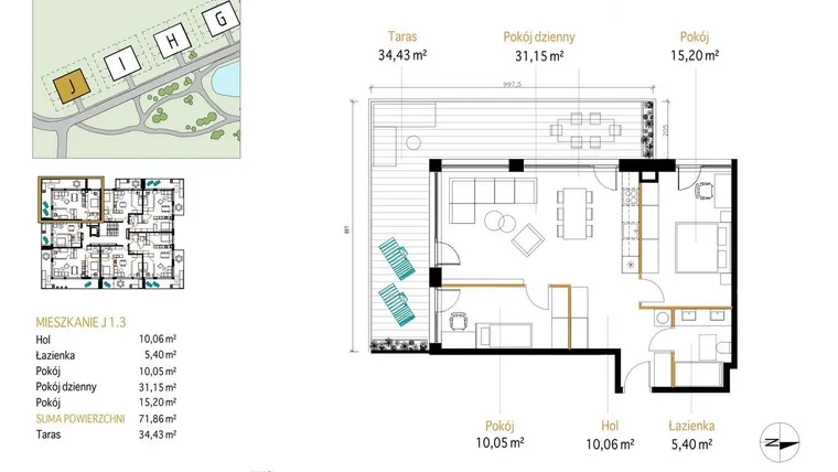 Rzut - Mieszkanie na sprzedaż 3 pokoje o powierzchni 71,86 m² - numer 1.3/J w Panorama Park