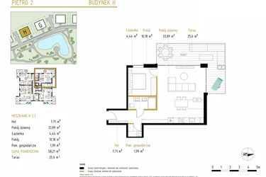 Rzut - Mieszkanie na sprzedaż 2 pokoje o powierzchni 58,21 m² - numer 2.3/H w Panorama Park
