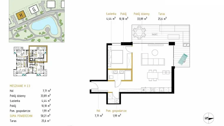 Rzut - Mieszkanie na sprzedaż 2 pokoje o powierzchni 58,21 m² - numer 2.3/H w Panorama Park