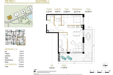 Rzut - Mieszkanie na sprzedaż 3 pokoje o powierzchni 74,44 m² - numer 1.6/J w Panorama Park