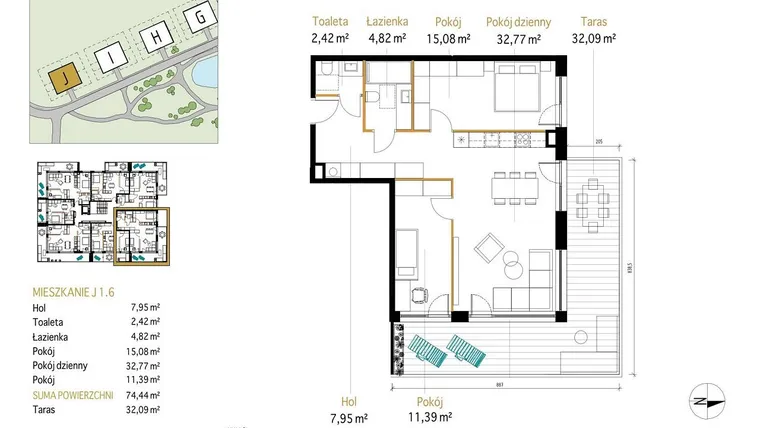 Rzut - Mieszkanie na sprzedaż 3 pokoje o powierzchni 74,44 m² - numer 1.6/J w Panorama Park