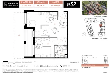 Rzut - Mieszkanie na sprzedaż 2 pokoje o powierzchni 55,25 m² - numer B1.1.1 w Browary Tarnowskie etap 1