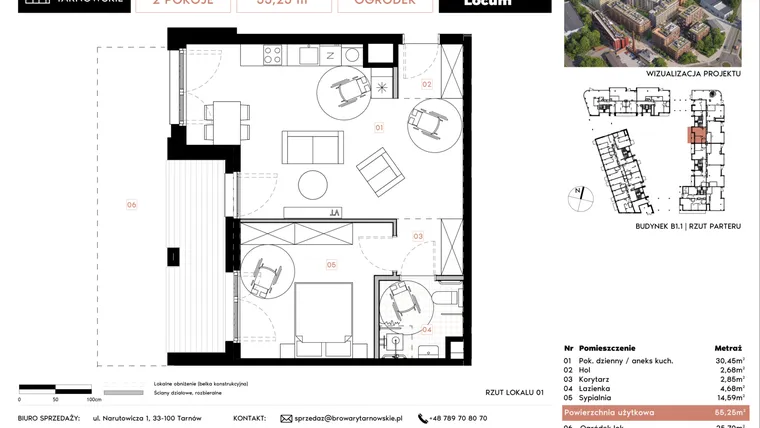 Rzut - Mieszkanie na sprzedaż 2 pokoje o powierzchni 55,25 m² - numer B1.1.1 w Browary Tarnowskie etap 1