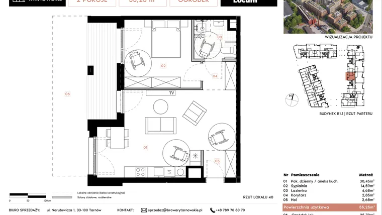 Rzut - Mieszkanie na sprzedaż 2 pokoje o powierzchni 55,25 m² - numer B1.1.40 w Browary Tarnowskie etap 1
