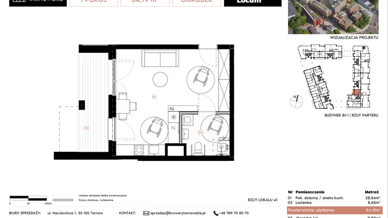 Rzut - Mieszkanie na sprzedaż 1 pokój o powierzchni 34,19 m² - numer B1.1.41 w Browary Tarnowskie etap 1