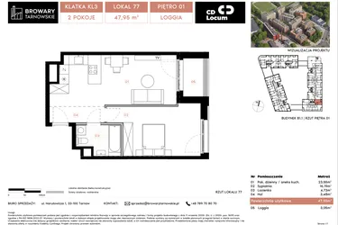 Rzut - Mieszkanie na sprzedaż 2 pokoje o powierzchni 47,95 m² - numer B1.1.77 w Browary Tarnowskie etap 1