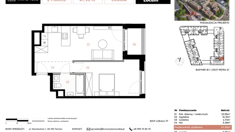 Rzut - Mieszkanie na sprzedaż 2 pokoje o powierzchni 47,95 m² - numer B1.1.77 w Browary Tarnowskie etap 1