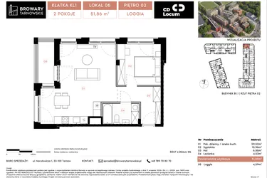 Rzut - Mieszkanie na sprzedaż 2 pokoje o powierzchni 51,86 m² - numer B1.1.6 w Browary Tarnowskie etap 1